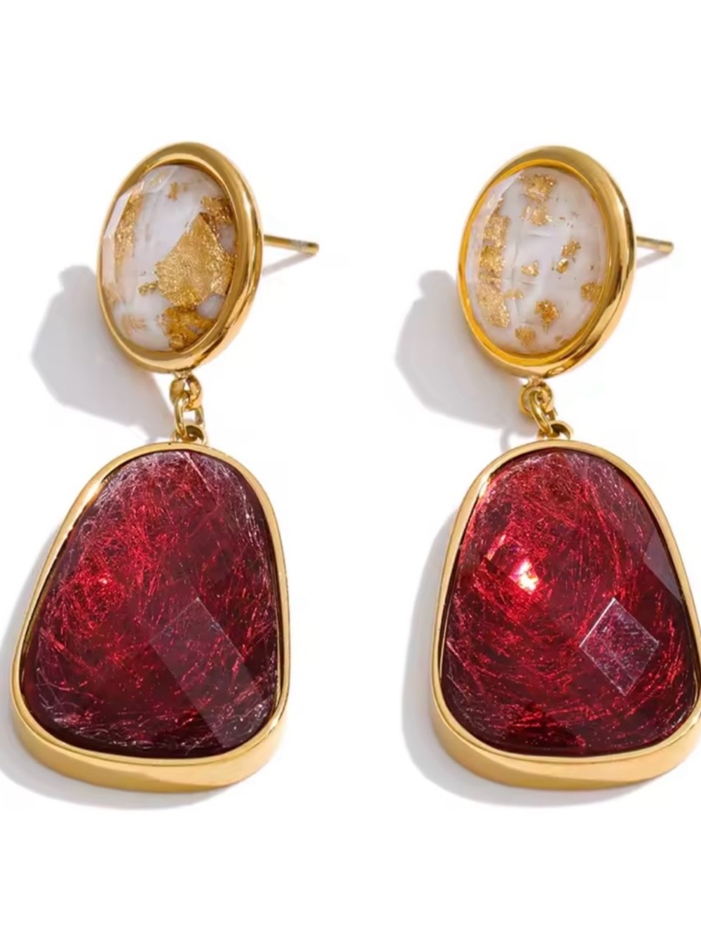 Gold-Tone Earrings with Red Drops and White-Gold Accents